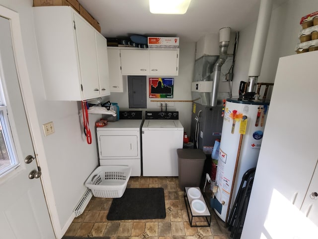 washroom featuring separate washer and dryer, water heater, electric panel, and cabinets