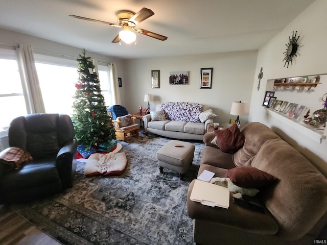 living room with wood-type flooring and ceiling fan