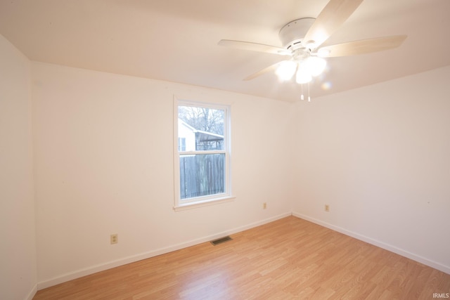 empty room featuring visible vents, baseboards, light wood-style floors, and a ceiling fan