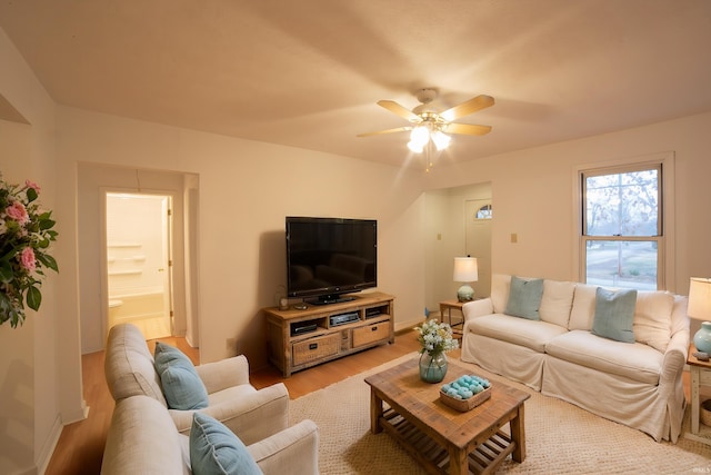 living area featuring a ceiling fan, light wood-type flooring, and baseboards