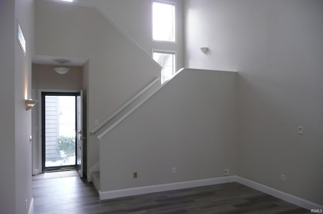 foyer entrance featuring a towering ceiling and dark wood-type flooring