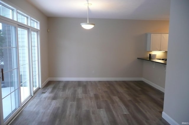 unfurnished dining area with dark wood-type flooring