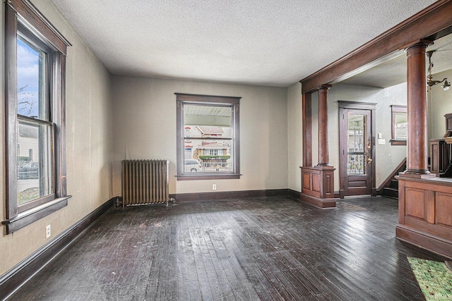 interior space with radiator heating unit, ornate columns, and plenty of natural light