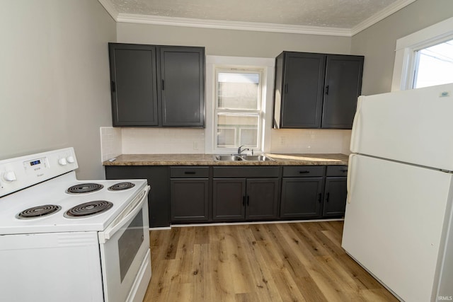 kitchen featuring white appliances, sink, light hardwood / wood-style flooring, ornamental molding, and tasteful backsplash