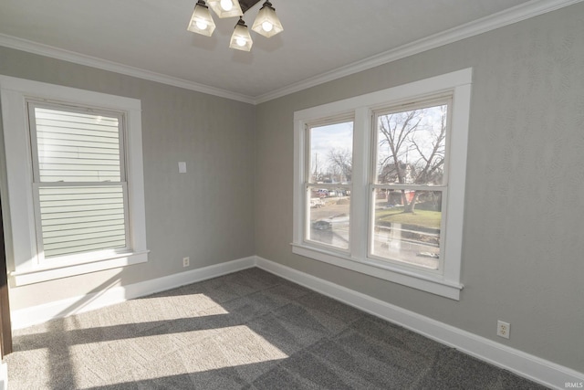 unfurnished room with dark carpet and ornamental molding