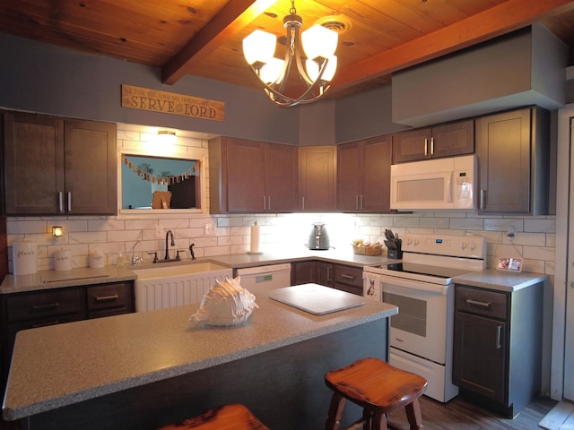 kitchen featuring wooden ceiling, dark hardwood / wood-style flooring, a chandelier, and white appliances