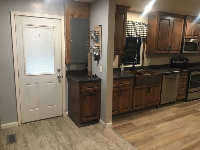 kitchen with electric panel, sink, appliances with stainless steel finishes, dark brown cabinets, and light hardwood / wood-style floors