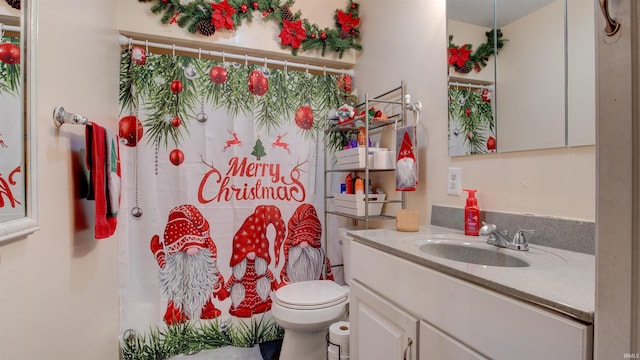 bathroom featuring vanity, toilet, and walk in shower