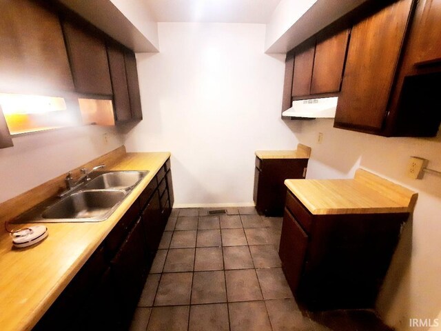 kitchen with sink, dark tile patterned flooring, and range hood