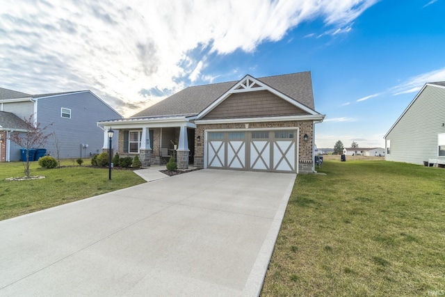 craftsman inspired home with a porch, a garage, and a front yard