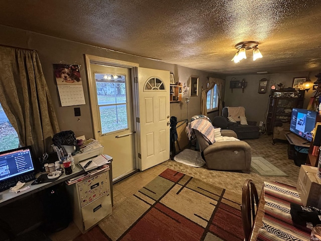 living room with a textured ceiling