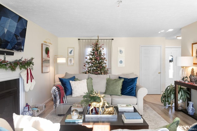 living room featuring plenty of natural light, light hardwood / wood-style floors, and a textured ceiling