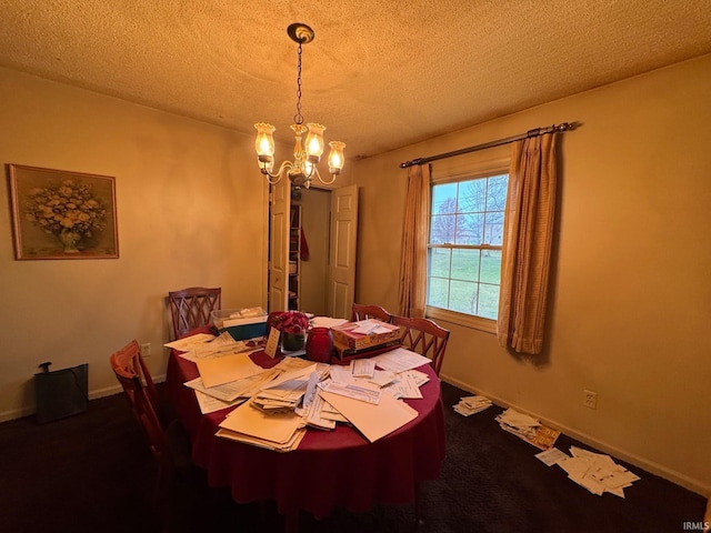 carpeted dining area with a chandelier and a textured ceiling