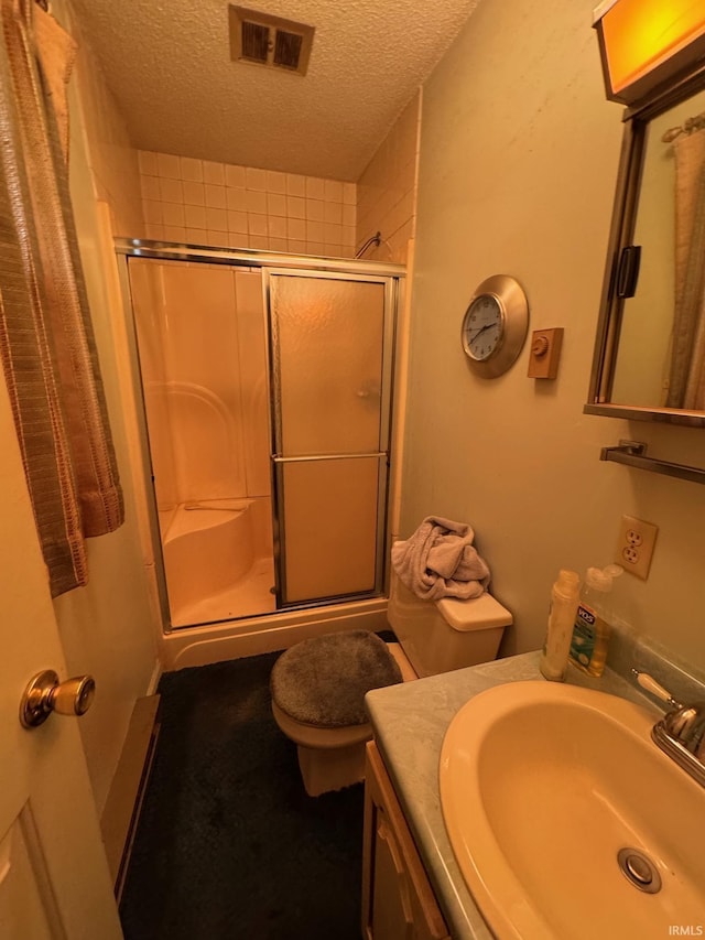 bathroom with vanity, a textured ceiling, and a shower with door