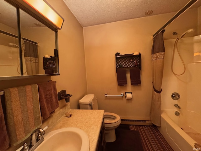 full bathroom featuring a baseboard radiator, a textured ceiling, toilet, vanity, and shower / tub combo