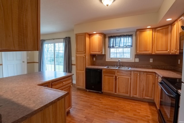 kitchen with sink, black appliances, and light hardwood / wood-style floors