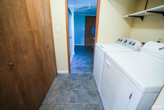 laundry area featuring independent washer and dryer and dark tile patterned floors