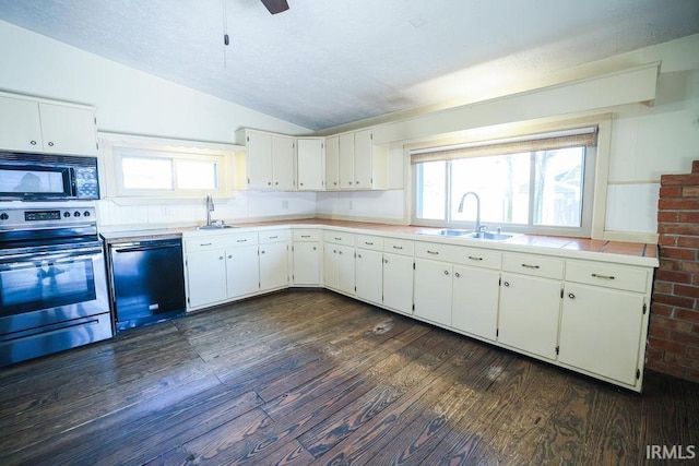 kitchen featuring sink, white cabinetry, a wealth of natural light, and black appliances