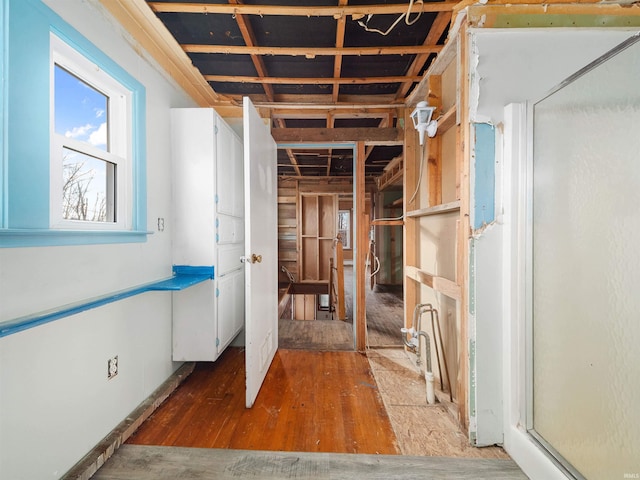 bathroom with hardwood / wood-style flooring