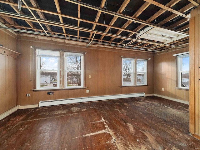 misc room with wood walls, baseboard heating, and dark wood-type flooring