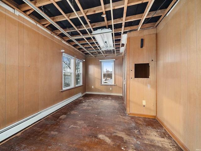 empty room featuring wooden walls and a baseboard radiator