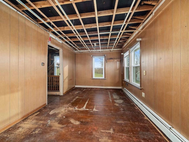 interior space featuring baseboard heating and wood walls