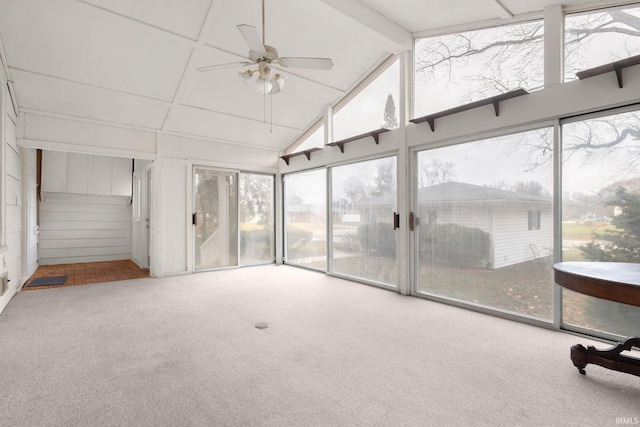 unfurnished sunroom featuring ceiling fan and lofted ceiling