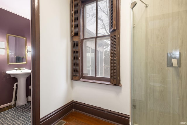 bathroom with sink, a shower with shower door, and hardwood / wood-style flooring