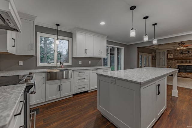 kitchen with premium range hood, white cabinetry, and sink