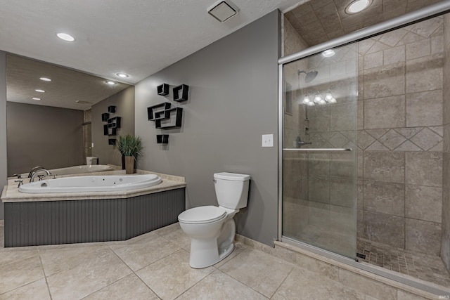 bathroom with tile patterned floors, toilet, and plus walk in shower