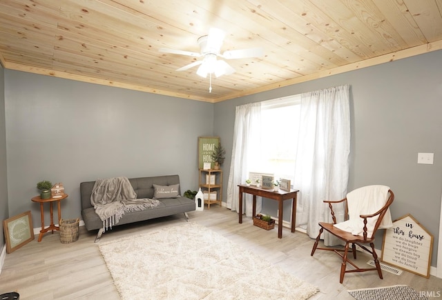 living area featuring ceiling fan, wood ceiling, and light hardwood / wood-style floors