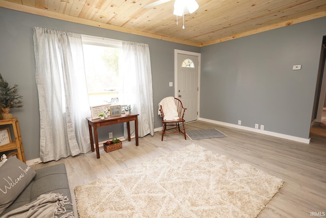 sitting room featuring light hardwood / wood-style floors, ceiling fan, and wood ceiling