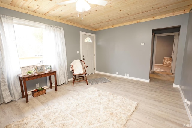 sitting room featuring light hardwood / wood-style floors, ceiling fan, and wood ceiling