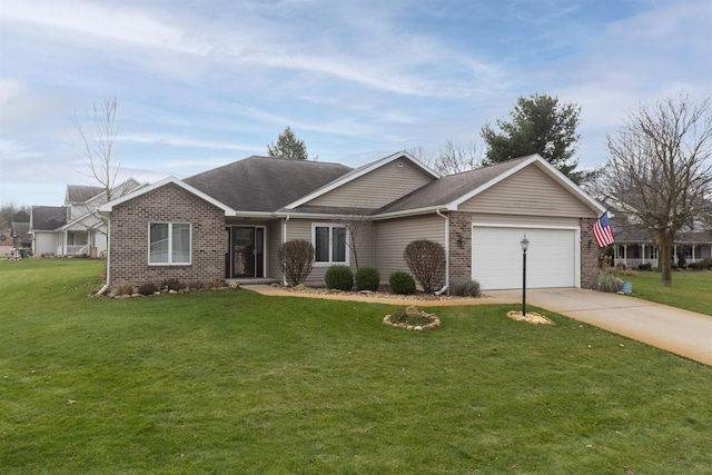 ranch-style home with a front lawn and a garage