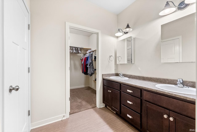 bathroom with hardwood / wood-style floors and vanity