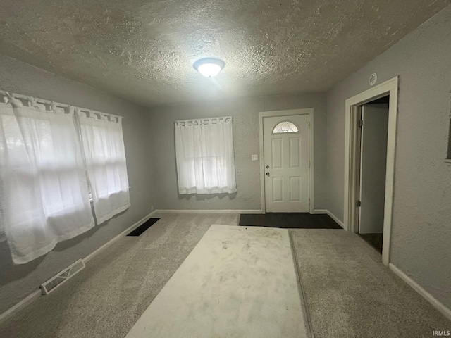 foyer with carpet floors and a textured ceiling