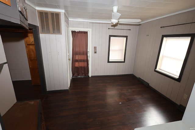 interior space featuring plenty of natural light, dark wood-type flooring, and wooden walls