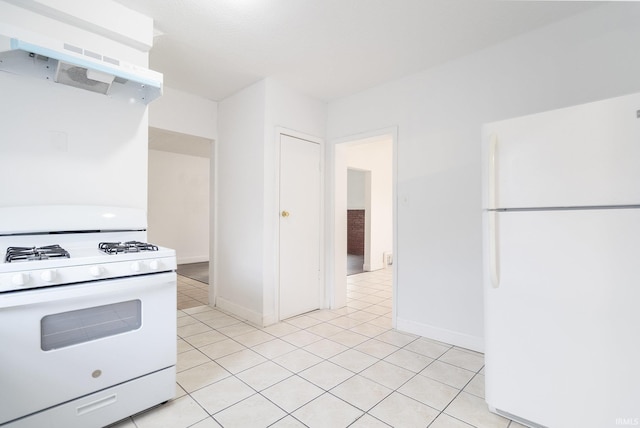 kitchen with light tile patterned floors, white appliances, and range hood