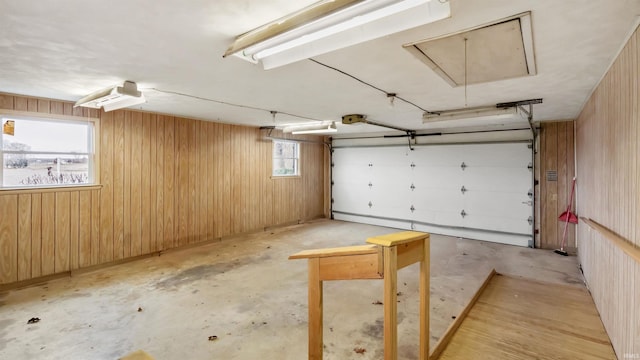 garage with wood walls