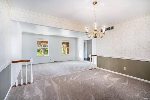 unfurnished room featuring carpet, a notable chandelier, and ornamental molding