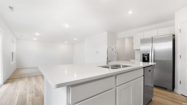 kitchen with appliances with stainless steel finishes, a center island with sink, white cabinetry, and sink