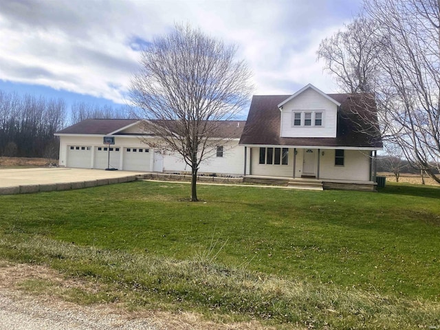 cape cod-style house with a front lawn, covered porch, and a garage