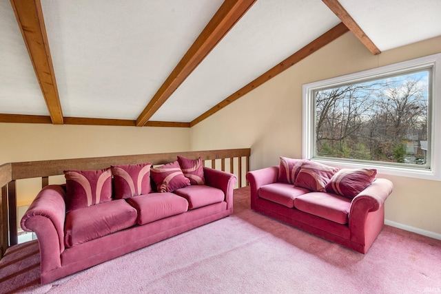 living room featuring vaulted ceiling with beams and light colored carpet