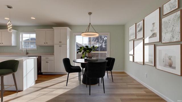 dining space with light hardwood / wood-style floors and sink