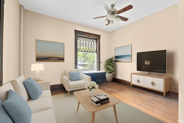 living room featuring ceiling fan, radiator, and light hardwood / wood-style flooring