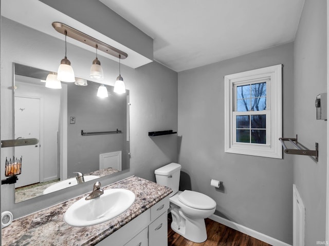 bathroom with vanity, wood-type flooring, and toilet