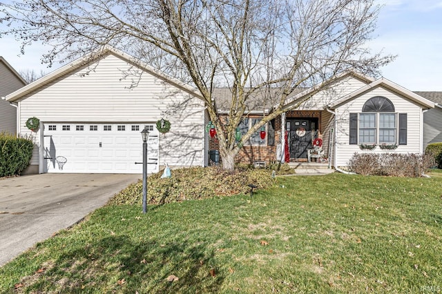 ranch-style house with a garage and a front lawn