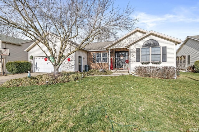 single story home featuring a front lawn and a garage