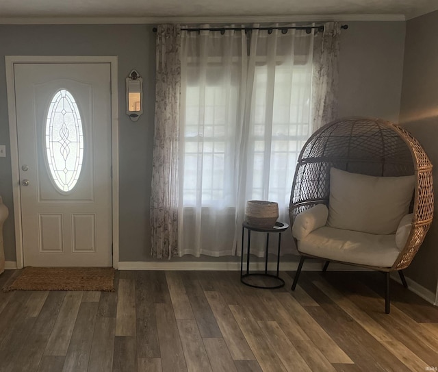 foyer entrance with crown molding and wood-type flooring