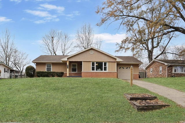 ranch-style home with a garage and a front yard